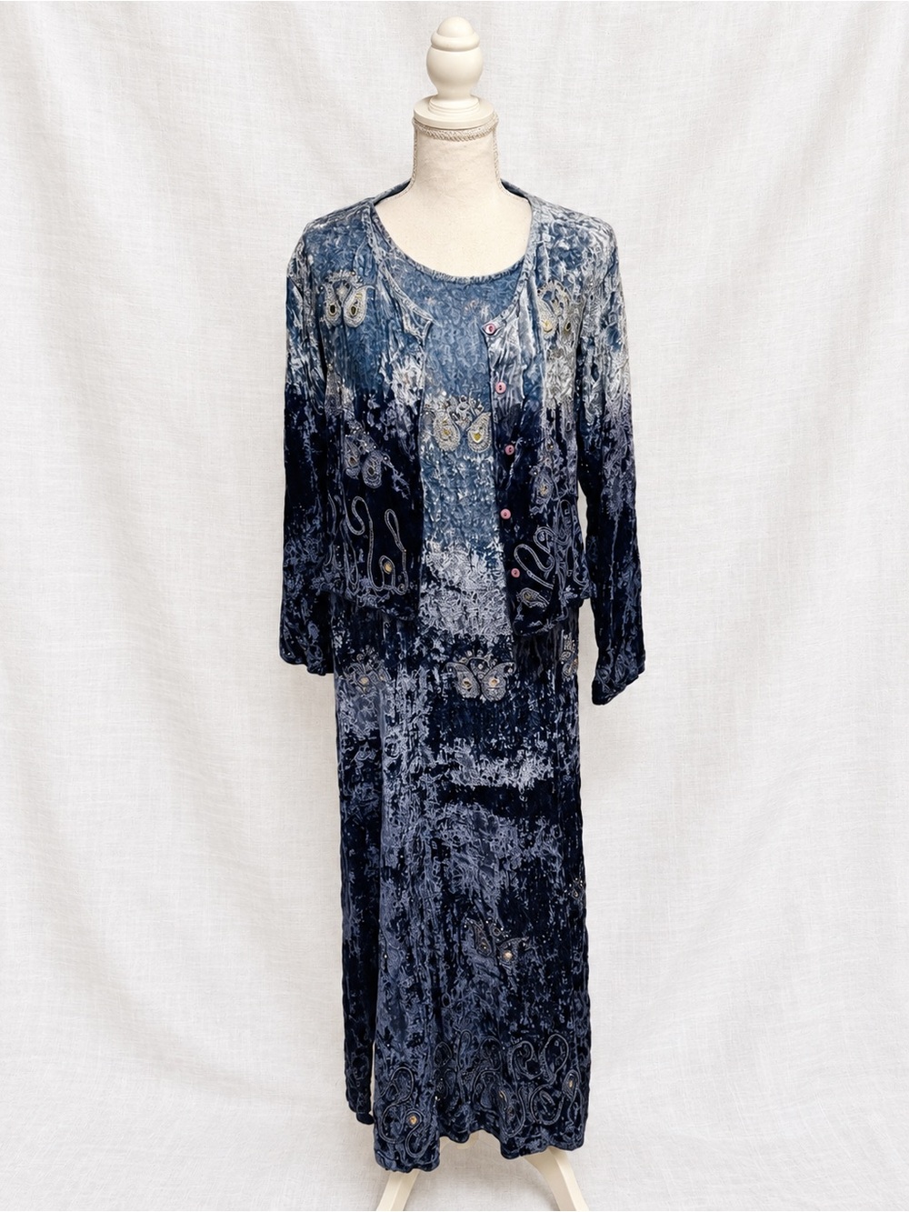 Raviya Y2K Blue Crushed Velvet Butterfly Maxi Dress & Cardigan Set M